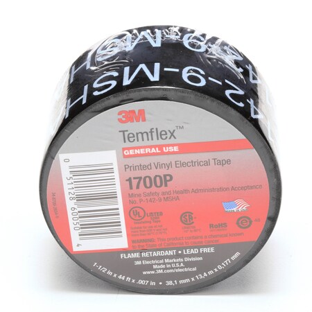 3M Temflex Mining-Grade Vinyl Electrical Tape 1700P, 1-1/2 In X 44 Ft, Printed, Black 7010398874